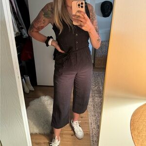 Black wide leg jumpsuit with tie waistband